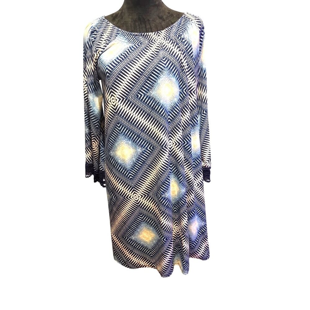 Geometric Print Tunic Dress XL Crochet Trim Flare Sleeveless Flowy Beach Comfort